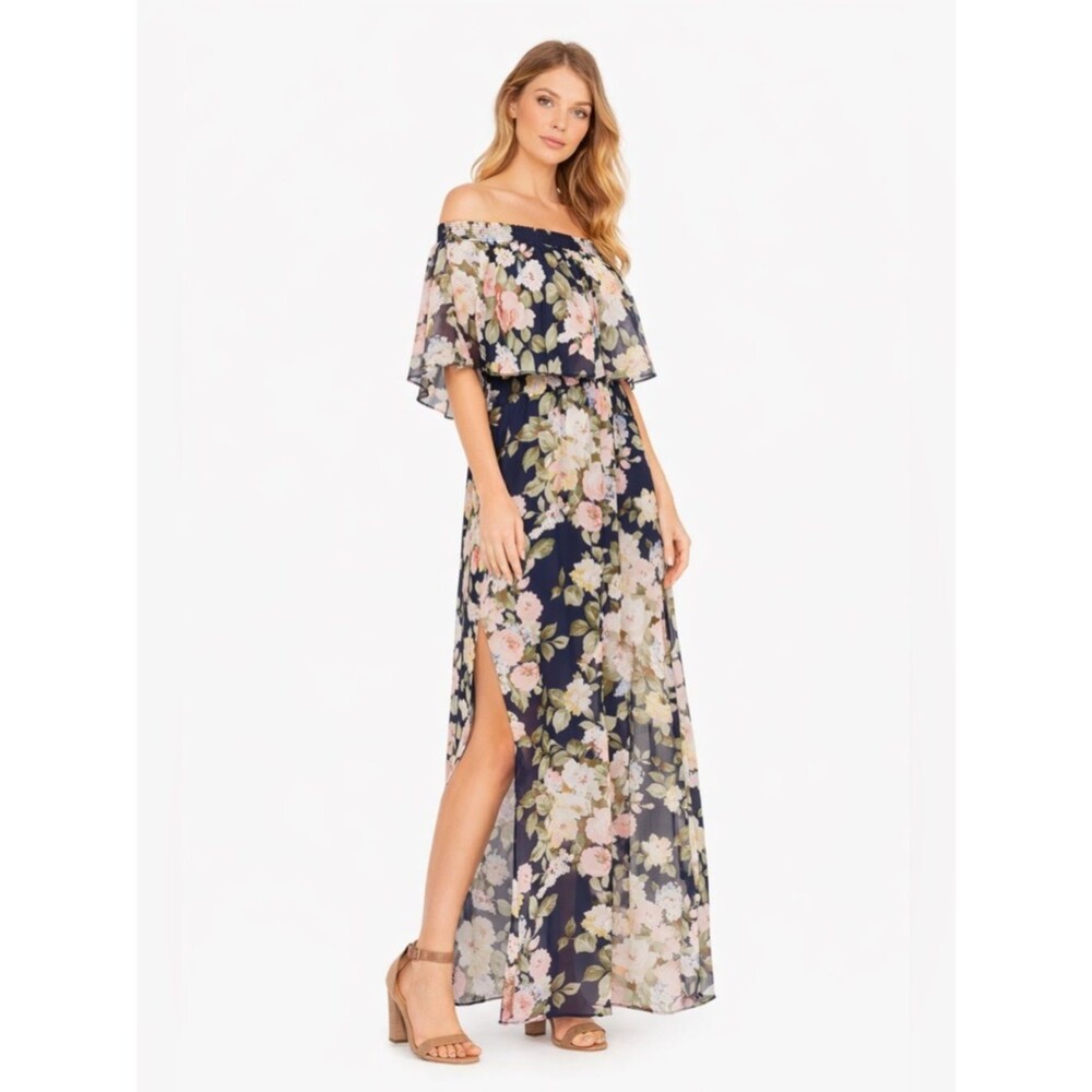 Show Me Your Mumu Hacienda Maxi Dress Small Navy Floral Off Shoulder Boho Resort